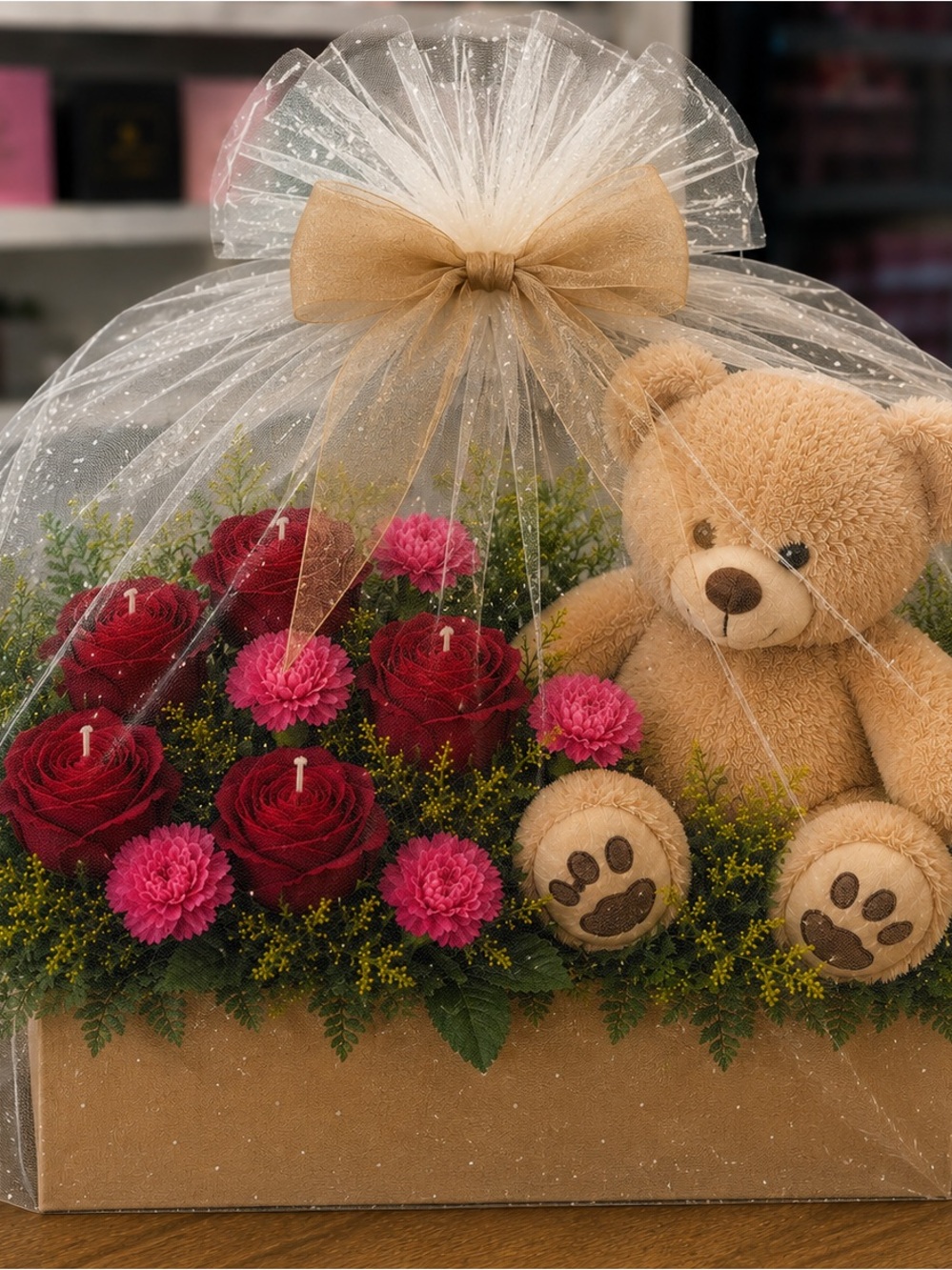 Tan Teddy Bear Gift Box with Red Roses and Pink Flowers